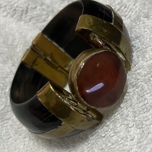 Antique Bracelet - Big & Chunky Ethnic Horn and Carnelian Stone w/ Brass Trim